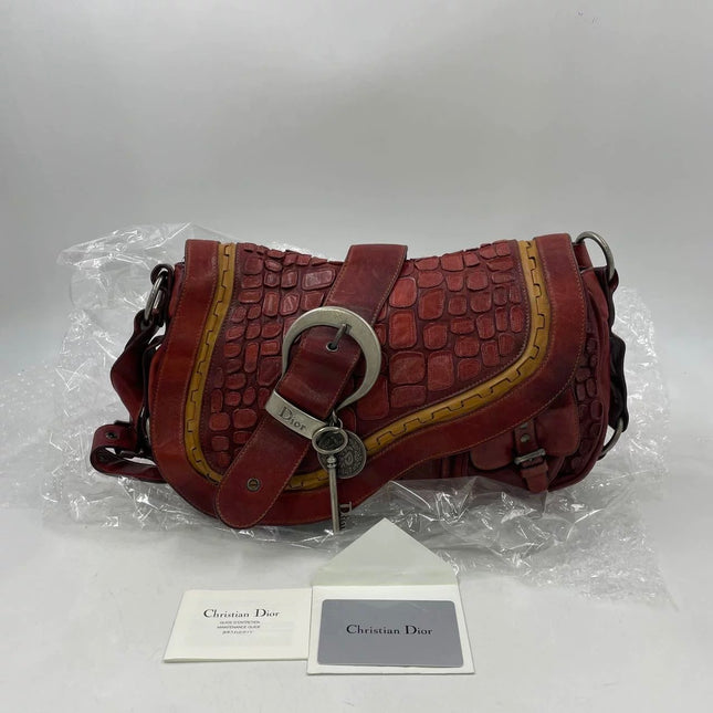 Dior Vintage Gaucho Large Red Leather Crocodile Embossed Crossbody Bag
