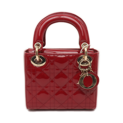 Lady Dior Mini Handbag Burgundy Red Patent Leather Gold-tone Chain Strap-Luxbags