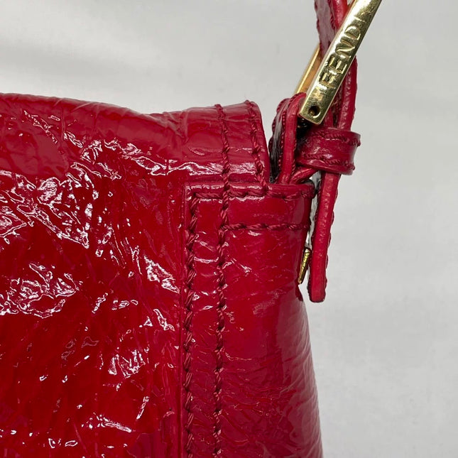 FENDI Baguette Red Crinkled Patent Leather Shoulder Bag