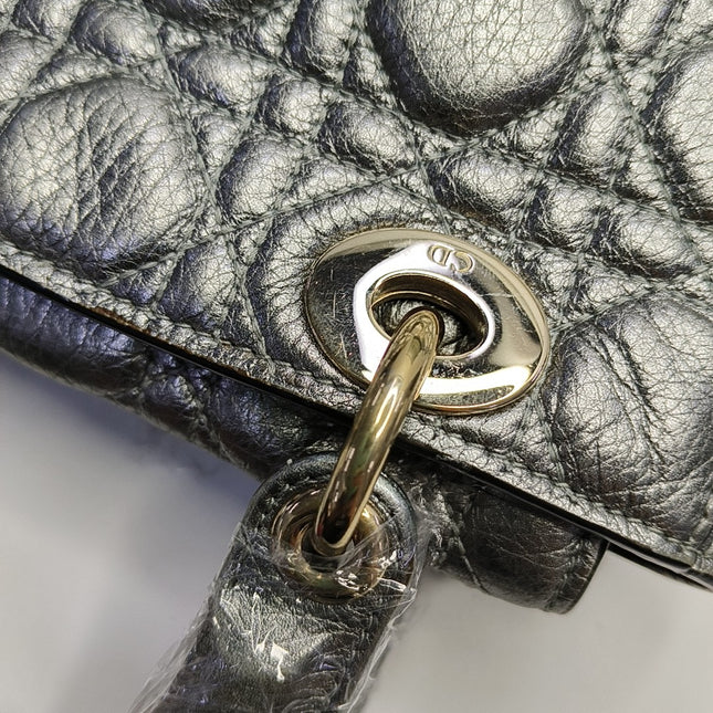 Lady Dior Small Supple Calfskin Leather Metallic Grey Cannage Handbag with Strap