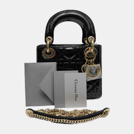 Lady Dior Mini Black Patent Leather Bag with gold hardware Chain Strap