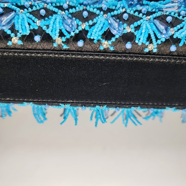 Lady D-Joy Medium Bag Exceptional Piece Black Silk Satin Turquoise Beaded Tassel