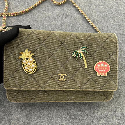Chanel Wallet on Chain Khaki Quilted Canvas Coco Cuba Charms 2017