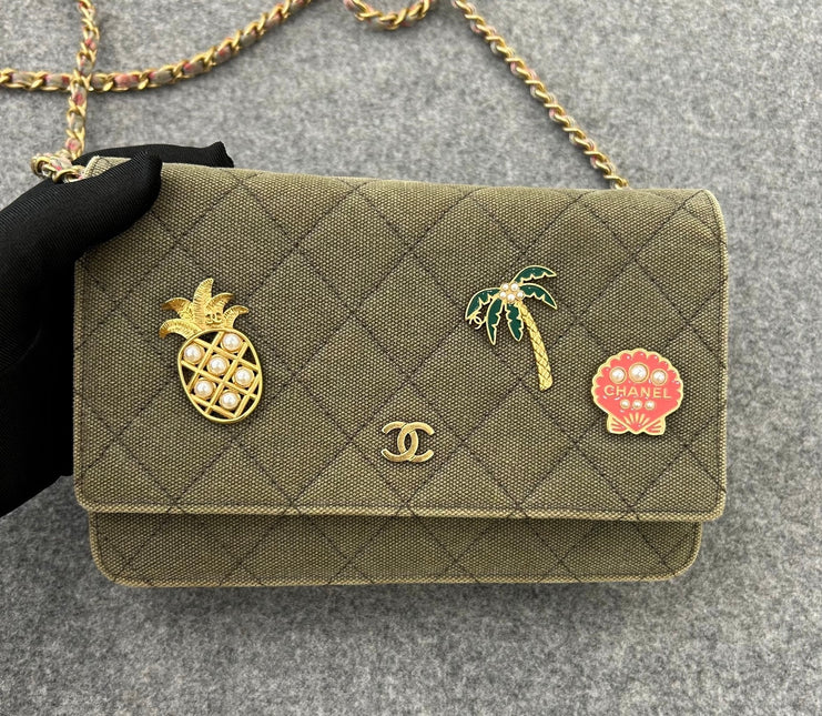 Chanel Wallet on Chain Khaki Quilted Canvas Coco Cuba Charms 2017