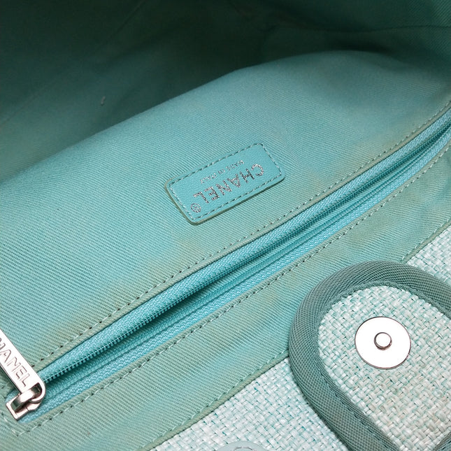 Chanel Deauville Tote Light Blue Cloth Leather Chain Handle Small 34cm