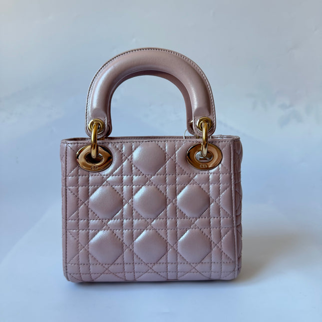 Lady Dior Mini Pearlescent Pink Lambskin Leather Gold HW Chain Strap