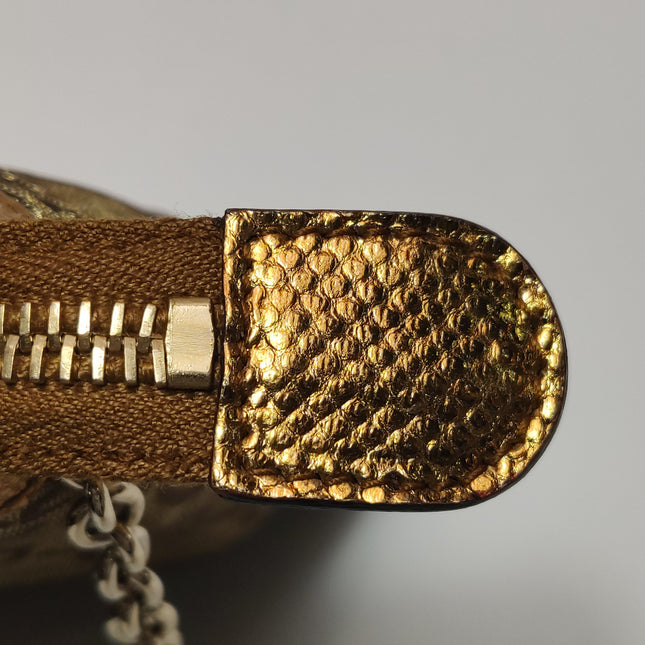 Gucci Clutch Pochette Gold Monogram Canvas and Leather Heart Chain