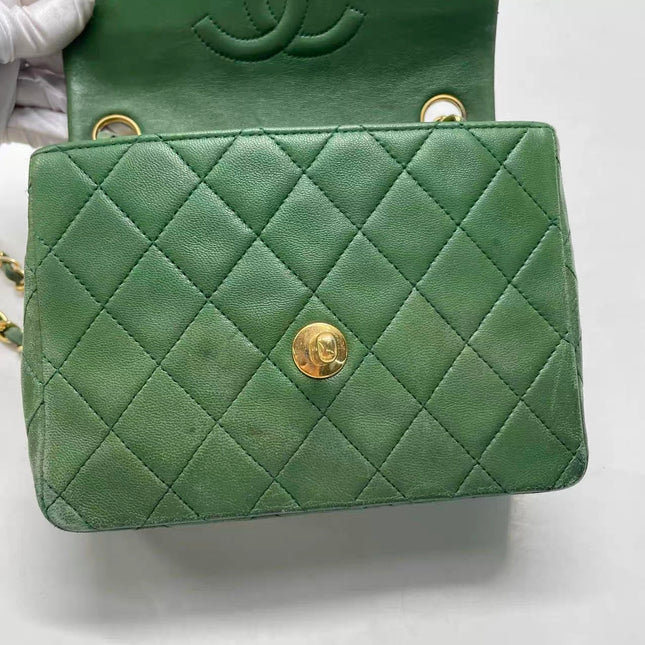Chanel Vintage Classic Flap Mini Square Green Lambskin 24k Gold HW, 1989-1991