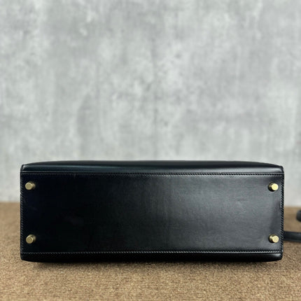 Hermes Kelly 32 Sellier Black Box Leather Double Ring Gold HW