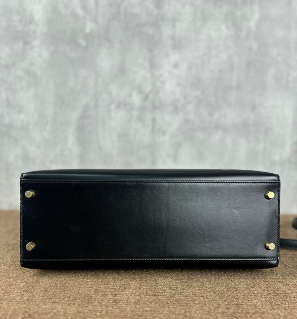 Hermes Kelly 32 Sellier Black Box Leather Double Ring Gold HW