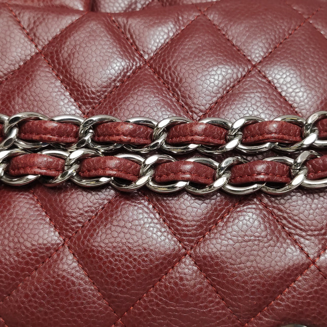 Chanel Classic Flap Jumbo Dark Red Caviar Leather Double Flap Silver Hardware