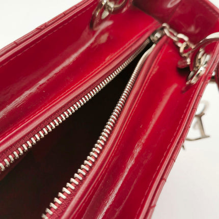 Sold Lady Dior Medium Red Burgundy Patent Leather Handbag Silver Hardware