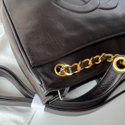 Chanel Vintage Front Pocket Tote Chocolate Brown Leather Double Gold Leather Chain