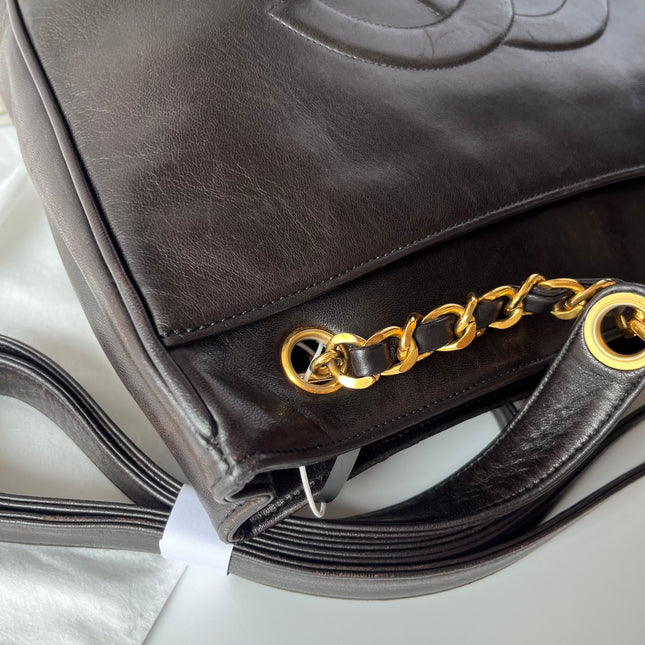 Chanel Vintage Front Pocket Tote Chocolate Brown Leather Double Gold Leather Chain