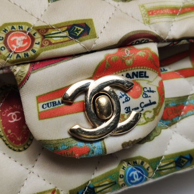 Chanel Classic Flap Mini Satin Paris Cuba Cigar Label Print Beige Multicolor, 2017
