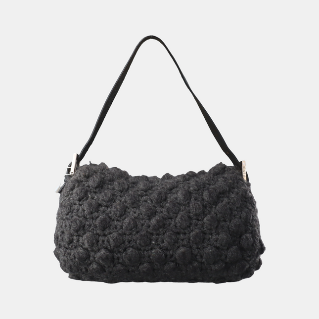 Fendi Baguette Bag Grey Crochet Knit Wool Pompom Shoulder Bag