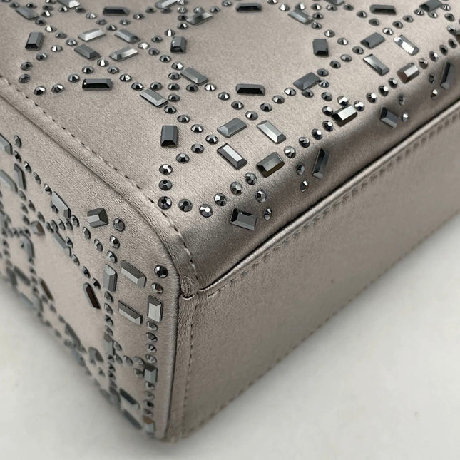 Lady Dior Mini Grey Silk with Crystals Silver Hardware
