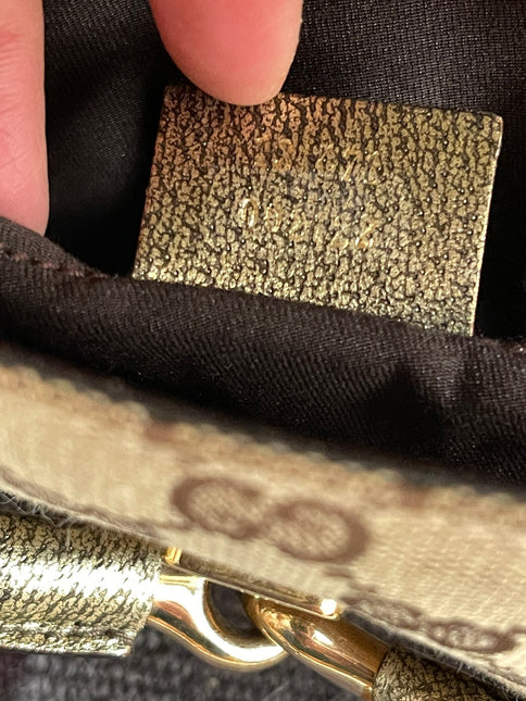 Sold Gucci Horsebit 1955 Large Cloth Beige Monogram Gold Leather Shoulder bag