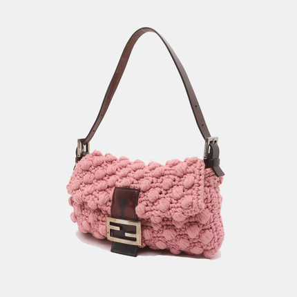 Fendi Baguette Bag Pink Crochet Knit Wool Pompom Shoulder Bag