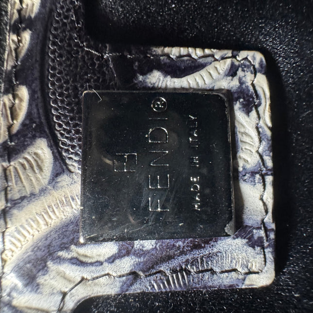 Fendi Mamma Baguette Blue White Flower Embossed Shoulder Bag