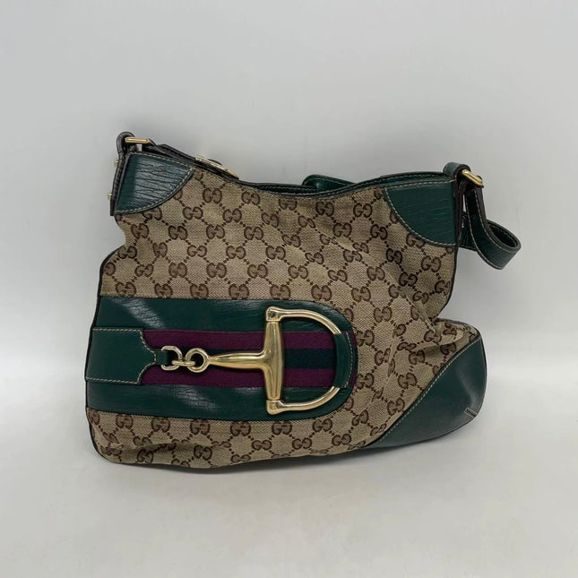 Gucci Large Vintage Green Leather and Monogram Side Horsebit Shoulder Bag