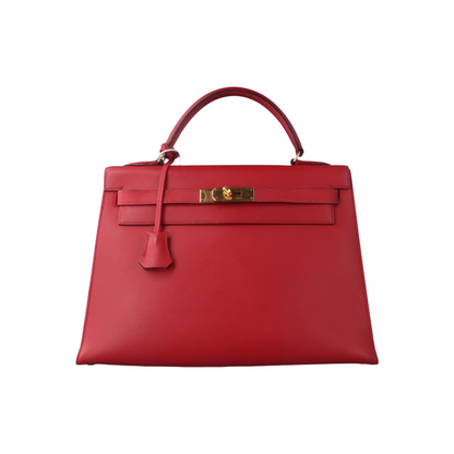 Hermes Kelly 32 Sellier Red Epsom Leather Gold HW Circle S Stamp 1989