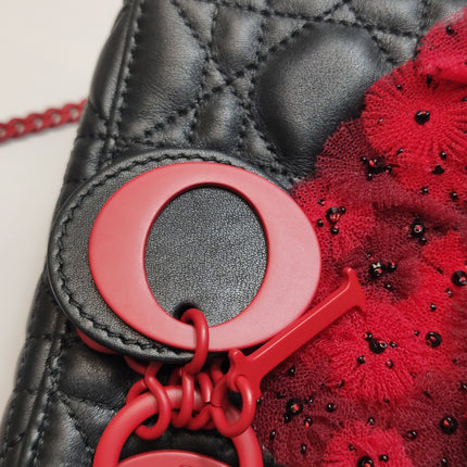 Lady Dior Mini Black Lambskin Leather Red Tulle Ruffle Heart Silver Hardware 2019