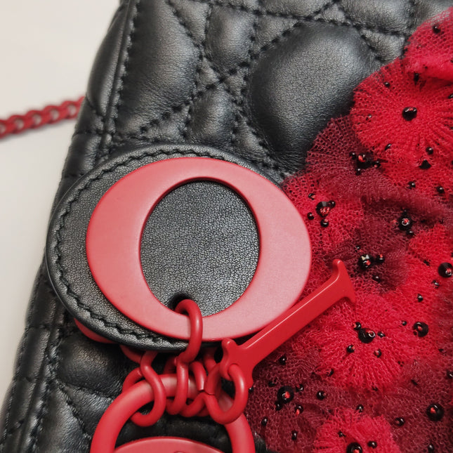 Lady Dior Mini Black Lambskin Leather Red Tulle Ruffle Heart Silver Hardware 2019