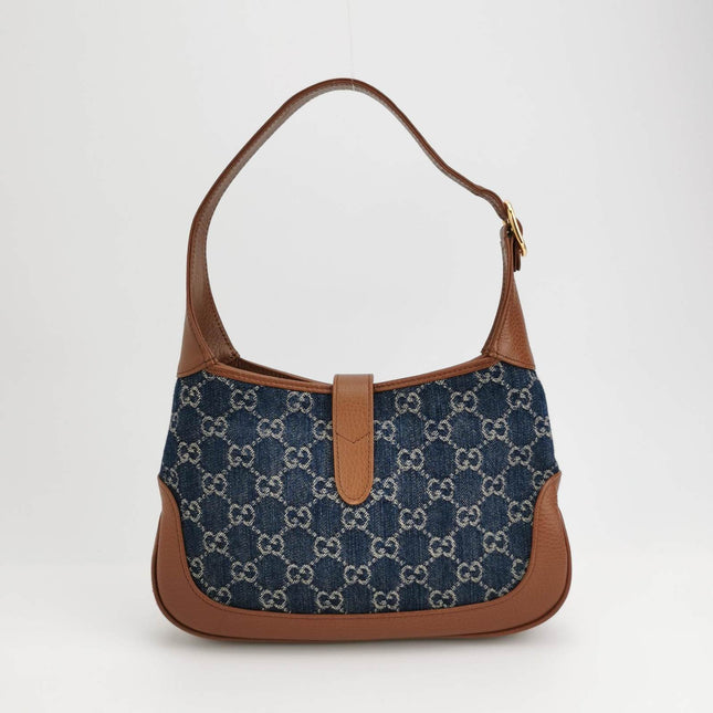 Sold Gucci Jackie 1961 Small Handbag in Blue Monogram Denim and Brown Leather