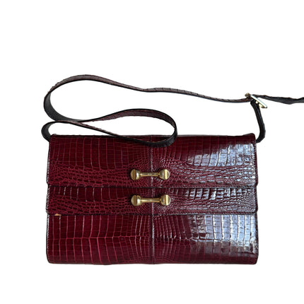 Vintage Burgundy Crocodile Leather Gold-tone Hardware Clutch Shoulder Bag-Luxbags