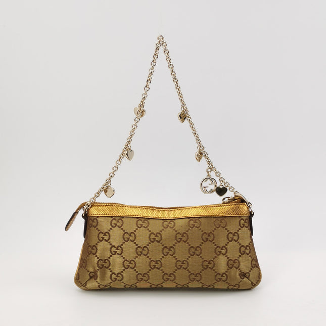 Gucci Clutch Pochette Gold Monogram Canvas and Leather Heart Chain