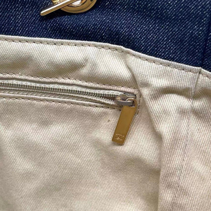 Chanel Deauville Tote Navy Denim Cloth Leather Chain Strap Small 34cm