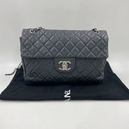 Chanel Classic Flap Maxi Black Soft Caviar Leather Silver-tone Hardware Giant CC Logo