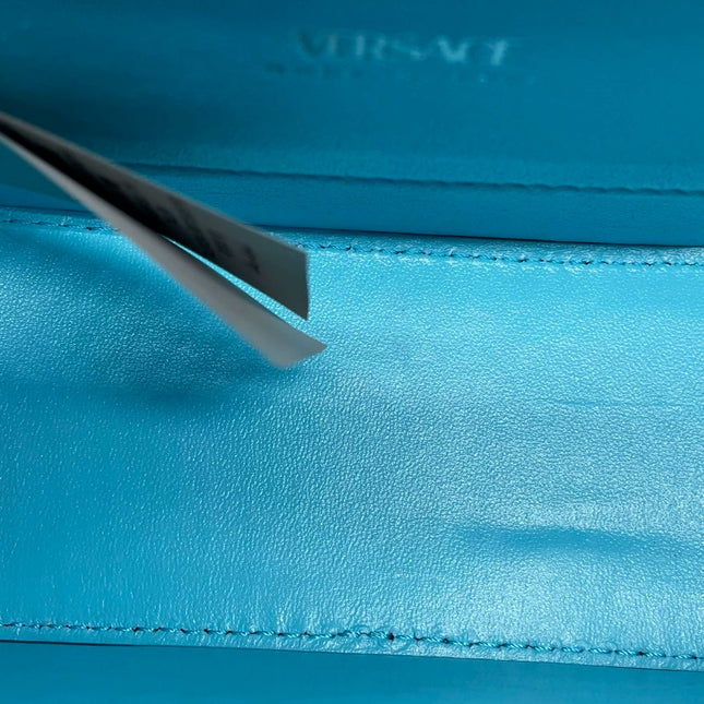 Versace La Medusa Mini Crystal Embellished Top Handle Bag in Blue Pink