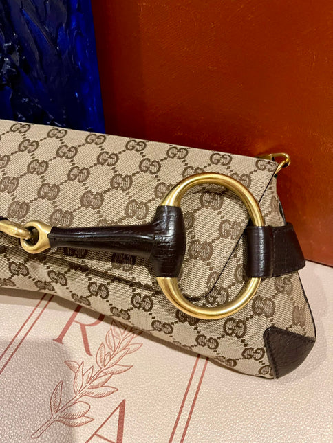 Sold Gucci Horsebit 1955 Large Cloth Beige Monogram Brown Leather Shoulder bag