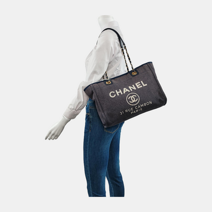 Chanel Deauville Tote Navy Denim Cloth Leather Chain Strap Gold Hardware Medium 30cm