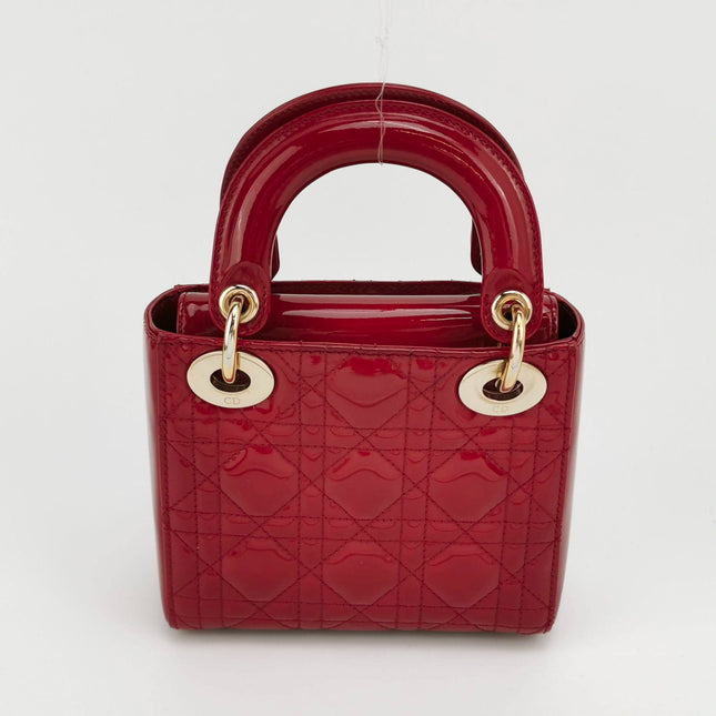 Sold Lady Dior Mini Handbag Red Patent Leather Gold-tone Leather and Chain Strap