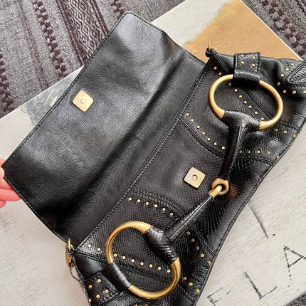 Gucci Horsebit 1955 Chain Large Black Snake-skin Leather Shoulder Bag