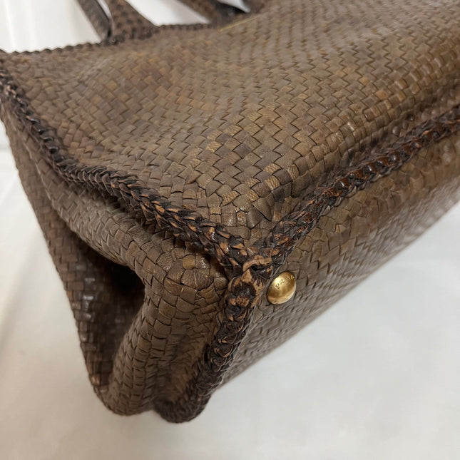 Prada Madras Brown Woven Leather Top Handle Shopping Tote