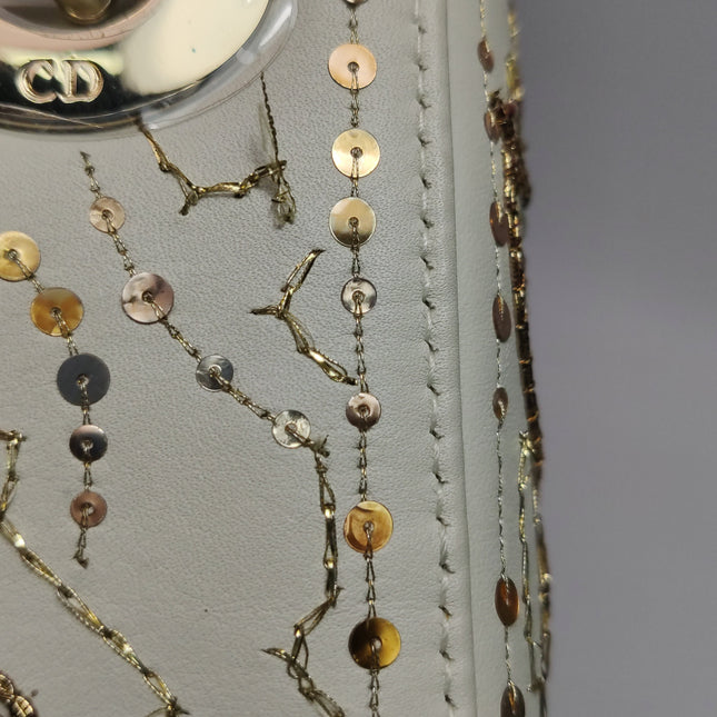Lady Dior Mini 2018 Embroidered White Calfskin Leather Gold Beads Crossbody Bag