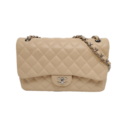 Chanel Classic Flap Jumbo Beige Lambskin Leather Single Flap with Silver Hardware-Luxbags