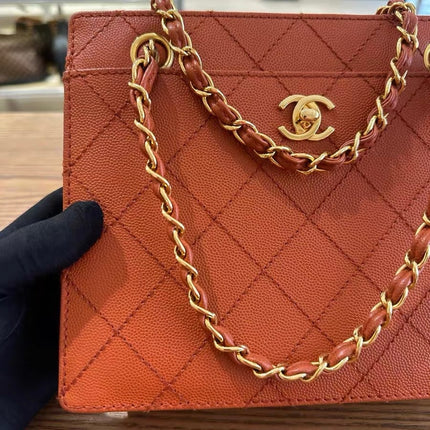 Chanel Vintage Small Matelasse Orange Caviar Leather Top Handle Bag
