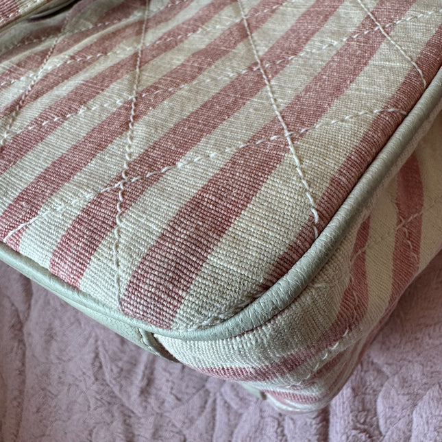 Chanel Vintage XXL Maxi Pink Striped Travel Flap Bag Canvas Gold Hardware