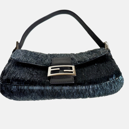 Fendi Baguette Metallic Navy Black Glittering Waterfall Beads Shoulder Bag