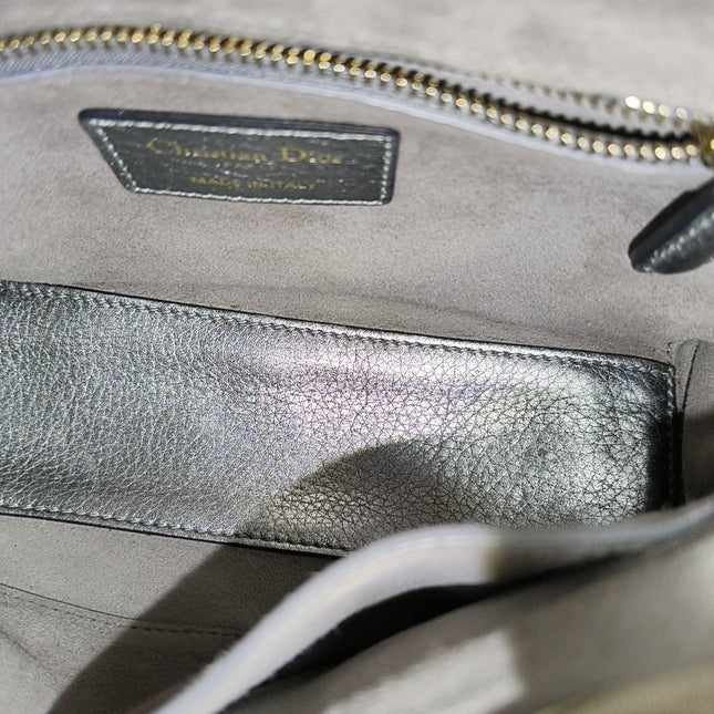 Lady Dior Small Supple Calfskin Leather Metallic Grey Cannage Handbag with Strap