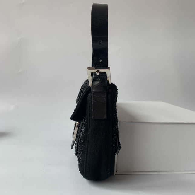 Fendi Baguette Vintage Black Beaded Tussle On Black Shoulder Bag