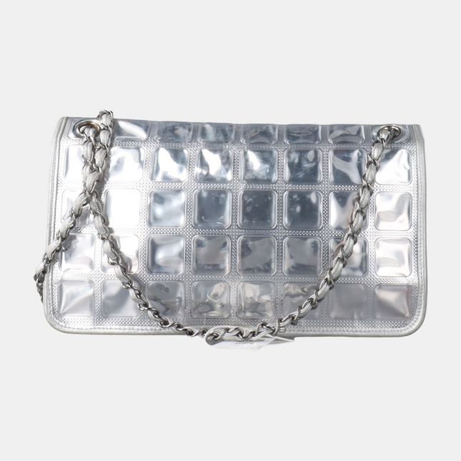 Chanel Ice Cube Chocolate Bar Classic Flap Metallic Silver PVC with Leather