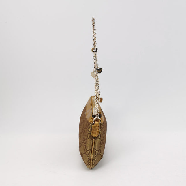 Gucci Clutch Pochette Gold Monogram Canvas and Leather Heart Chain