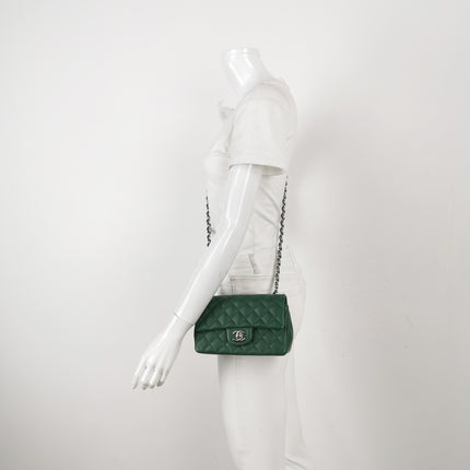 Chanel Classic Flap Mini Rectangular Green Lambskin Leather Silver Hardware