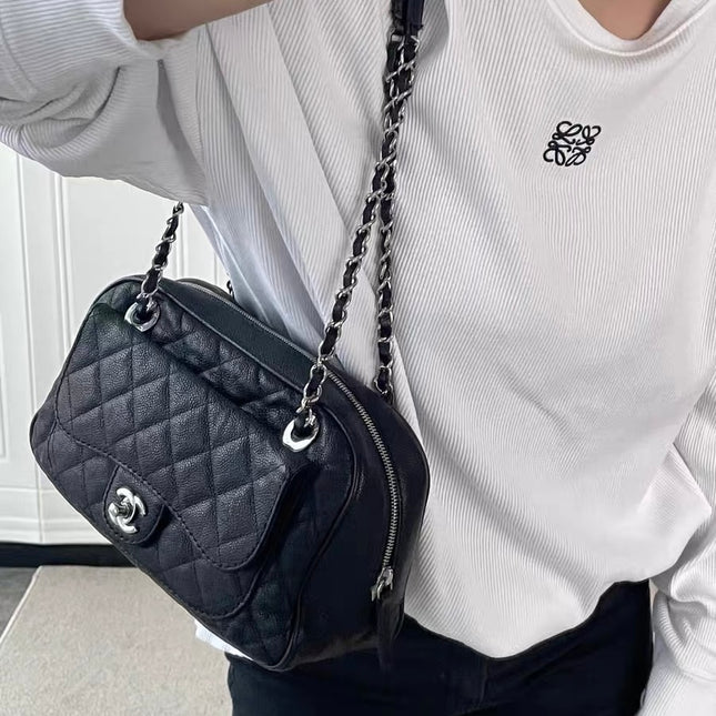 Chanel Paradoxal Camera Bag Black Caviar Leather Double Chain Silver Hardware